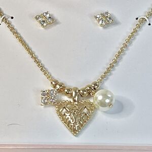 Charter Club Necklace & Earrings Rhinestones Heart & Pearl Gold Beads Brand New